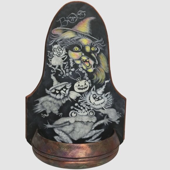 VTG Hand-Painted Wooden Halloween Candy Dish Spooky Hands Witch Cat Frog Pumpkin - Picture 2 of 10